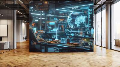 Futuristic high technology fast food restaurant with hologram menu. World of virtual reality. Future of the food industry. generative ai Wall mural