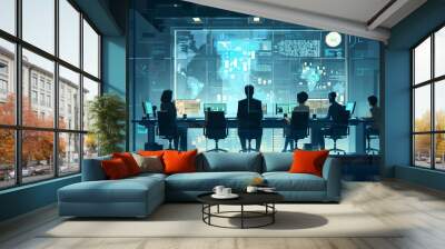 People meeting in futuristic office with holographic data visualization Corporate strategy for finance, operations, marketing. Generative AI. Wall mural