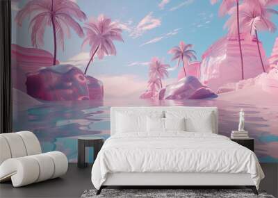 Tropical island with palm tree vacation. Pink color design. crystal clear water, and a sunny sky, perfect for relaxation and escape. Abstract and surreal background. Wall mural