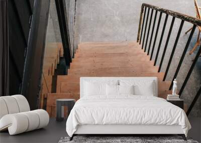 Wooden stairs architecture interior design of contemporary, Modern house building stairway. Wall mural