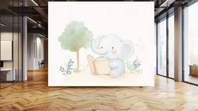 Cute Elephant Reading. Wall mural