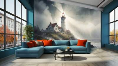 Watercolor painting of Lighthouse in the Mist. Wall mural