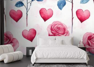 Watercolor Roses Hearts Patter Wall mural