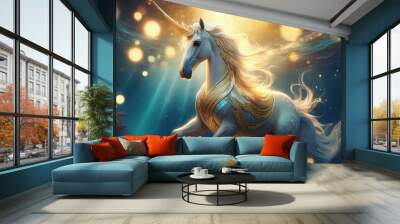 White and gold aqua Unicorn under the magical ocean with sunlight Wall mural