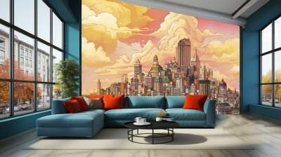 The panoramic view of the city at dawn, with its towering skyscrapers and sprawling urban landscape, painted against a backdrop of vibrant sunrise hues and fluffy clouds, captures the essence of moder Wall mural