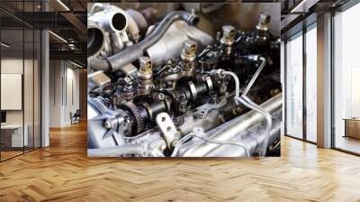 Old engine repair fuel injection.Common rail diesel injection system on track Wall mural