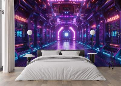 3D digital game platform with futuristic design elements and neon purple effects Wall mural