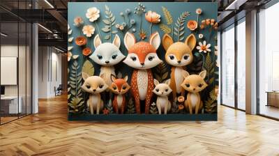 A group of cute and whimsical forest animals, including a fox, deer, and bunny, playful and vibrant, surrounded by colorful trees and plants, light-hearted and cheerful  Wall mural