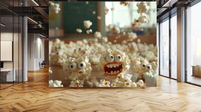 A group of cute popcorn characters in a 3Drendered classroom, one causing mischief by throwing popcorn , Hyper realistic Wall mural