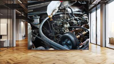 A mechanic checks the car and engine oil. Wall mural