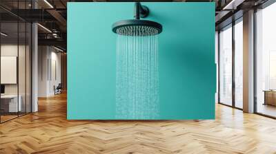 A modern shower head with cascading water against a vibrant turquoise wall, showcasing a clean and refreshing bathroom aesthetic. Wall mural