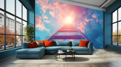 Abstract 3D illustration of a ladder representing career growth against a futuristic sky Wall mural