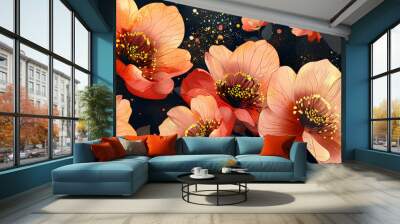 Abstract floral wallpaper design with pink and golden blooms, creating a modern and vibrant look Wall mural