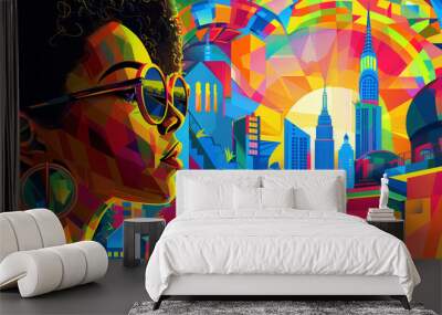 Artistic depiction of a woman sightseeing in a bustling city, with abstract patterns and vibrant colors Wall mural