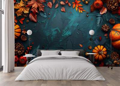 Autumn calligraphy design with fall leaves, pumpkins, and cozy seasonal elements Wall mural