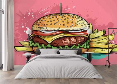 Cartoon style vector of a delicious fried fish sandwich Wall mural