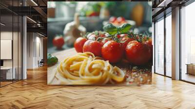 Cooking process of a traditional Italian dish with tomatoes and pasta on a kitchen counter Wall mural