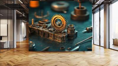 Detailed close-up of various metal components, showcasing gears, tools, and mechanical parts on a textured work surface. Wall mural