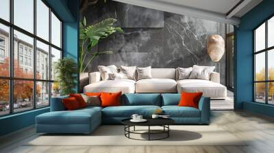 Elegant living space with a decorative plant, contemporary furniture, and white cushions Wall mural