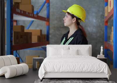 Female warehouse worker inspecting parcels on a shelf in a small warehouse. Wall mural