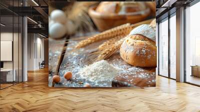 Fresh bread being prepared with flour and yeast on a rustic wooden table Wall mural