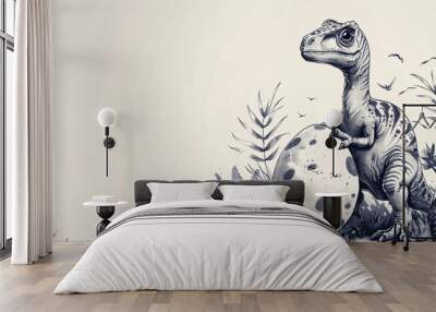 Hand-drawn dinosaur hatching from an egg, with a focus on the magical and exotic nature of the scene Wall mural