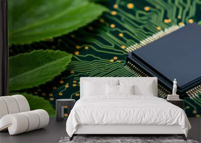 Microchip on circuit board with green leaves symbolizing eco-friendly technology. Wall mural