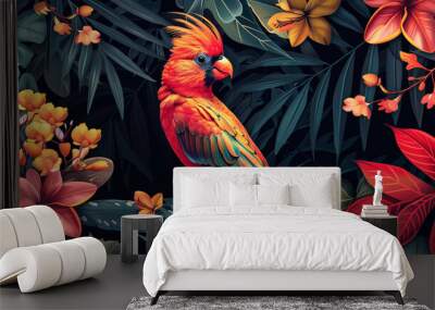 Modern graphic illustration of a Hawaii-inspired jungle with vibrant leaves and exotic flowers Wall mural