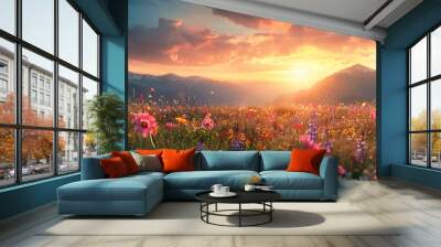 Spring meadow with pastel-colored wildflowers and a beautiful sunset backdrop Wall mural