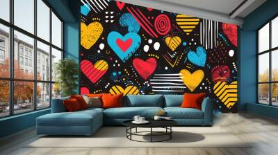 Stylish hipster pattern with hearts and geometric shapes in bright colors Wall mural