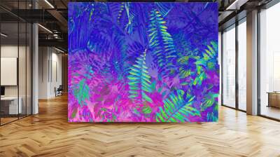 Tropical black light glowing leaves. Wall mural