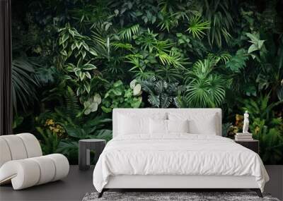 Vertical garden with tropical green leaf, contrast ai generated Wall mural