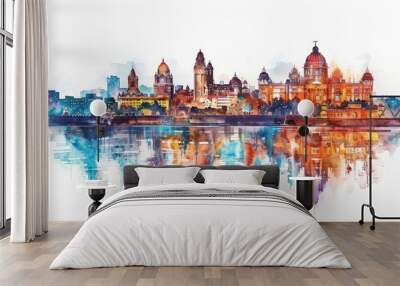 Watercolor painting of the Kolkata skyline in India Wall mural