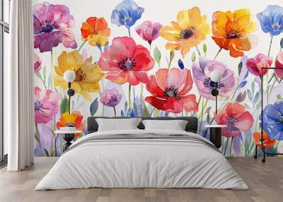 Watercolour floral pattern with seamless design and bright summer blooms on white background Wall mural