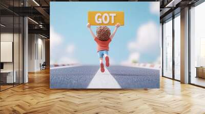 3D cartoon participant crossing a finish line with a goal sign above, arms raised in triumph, endurance and achievement concept Wall mural