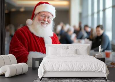 A jovial Santa Claus in a festive setting holds a tray of pastries, spreading holiday cheer among a group of people enjoying a meal. Wall mural