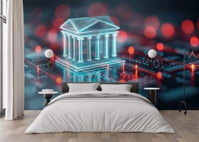 Digital illustration of a bank building on a futuristic circuit board representing the concept of digital banking and financial technology. Wall mural