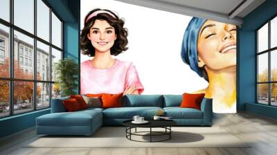 Four diverse women showcasing hairstyles and head wraps, exuding confidence and beauty in a vibrant and stylish setting. Wall mural