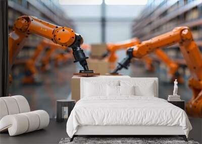 Modern warehouse with automated robotic arms sorting cargo packages, procurement and logistics technology, futuristic supply chain management Wall mural