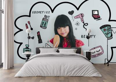 Young Asian kid girl  wearning red Chinese dress with cosmetics illustrator doodles - beauty and cosmetic concept Wall mural