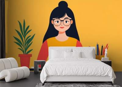 Young woman working on laptop at a desk with plant and stationery. Wall mural