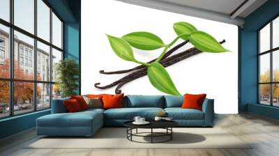 Vanilla bean and branch green leaves isolated on white background with clipping path. Wall mural