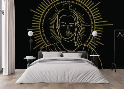 Line drawing golden yellow and black background Buddha and Jesus Christ illustration Vector Half-Christ and half-Buddha figure
It indicates two prophets of the world's great religions. belief, faith. Wall mural