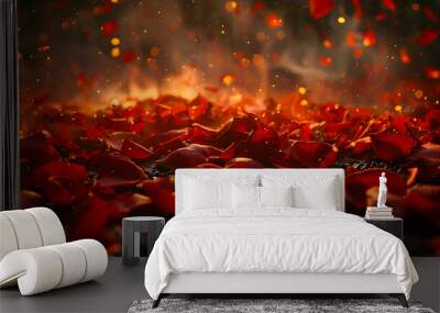 Falling rose petals. Offering luxury cosmetic products. Wall mural