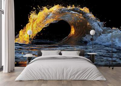 Stunning close-up view of calm sea water waves with orange sunrise sunset light. Wall mural