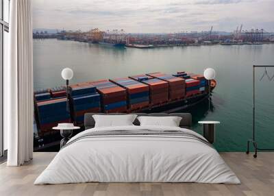 Cargo Ship Entering Busy Container Port Wall mural