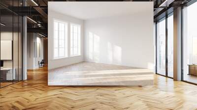 Abstract of empty white room with sun light cast the three vertical tall window shadow on the wall and wood laminate floor, Perspective of minimal interior design architecture. 3D illustration Wall mural