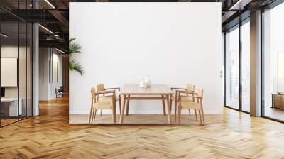 Dining room wall mock up with Areca palm, rattan dining set, wooden table on wooden floor. 3d illustration. Wall mural