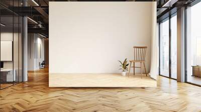 Empty white wall in apartment room. Wooden chair and plant on parquet flooring. Template for your content. 3D illustration. Wall mural