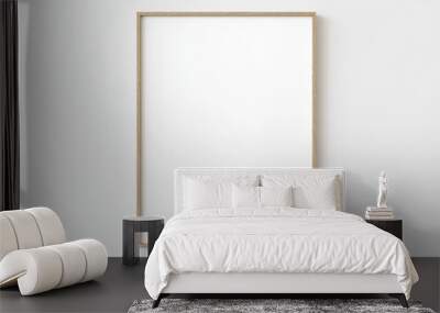 one light wood thin rectangular vertical frame hanging on a white textured wall mockup, flat lay, to Wall mural